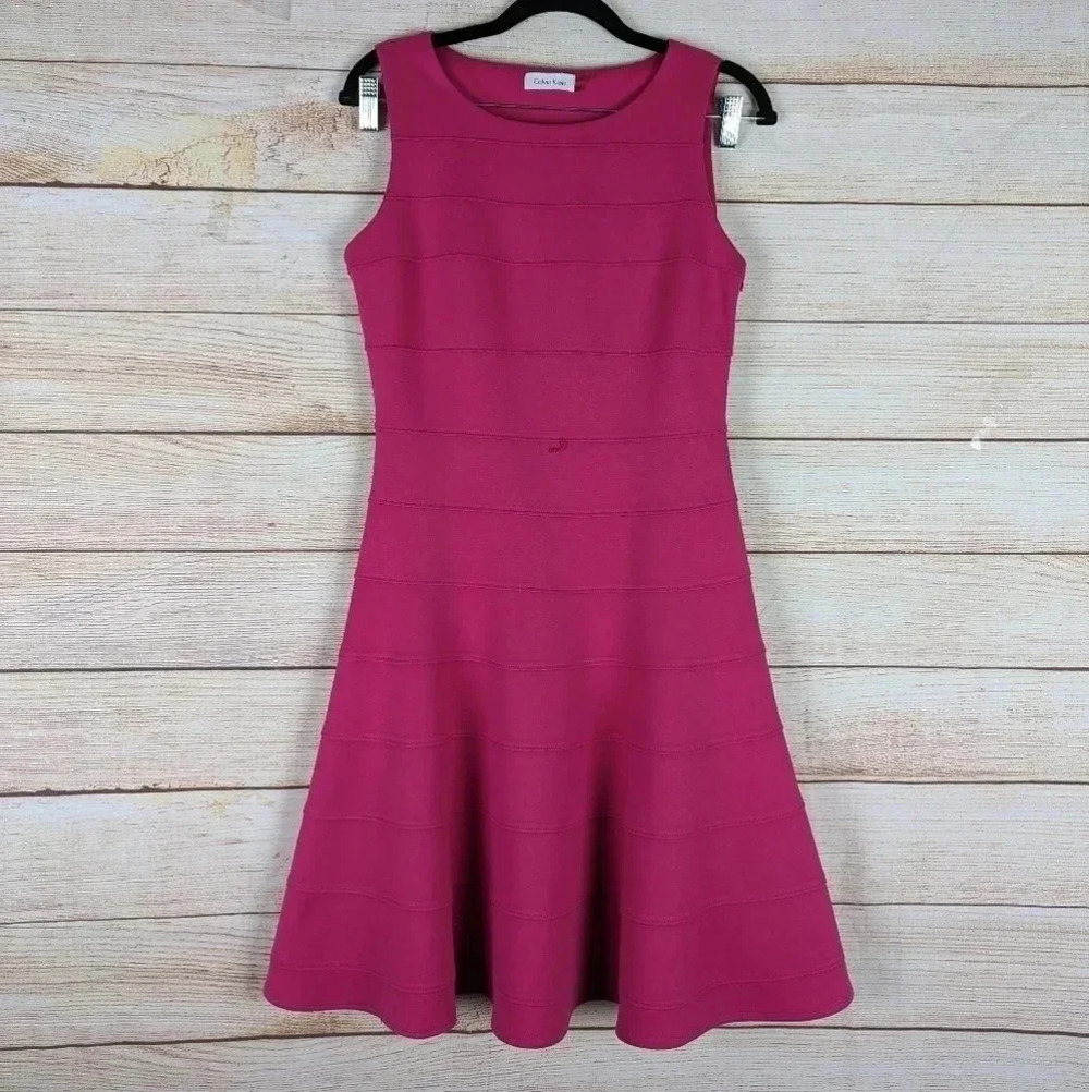 Calvin Klein Women Size 4 Fit &Flare Dress Hot Pink Stretchy Side Zip No Sleeve